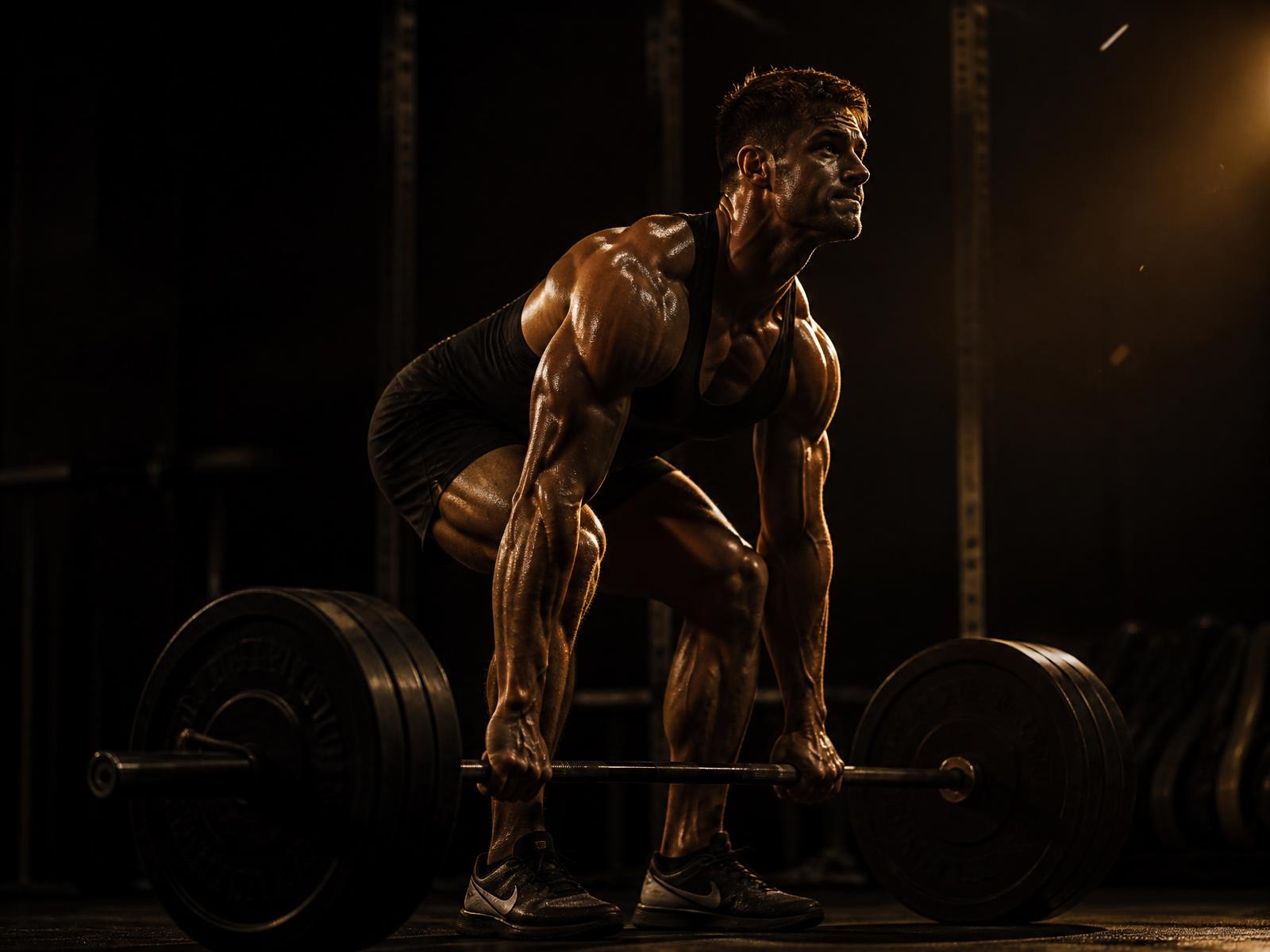 Athlete performing a heavy deadlift in a dark premium gym